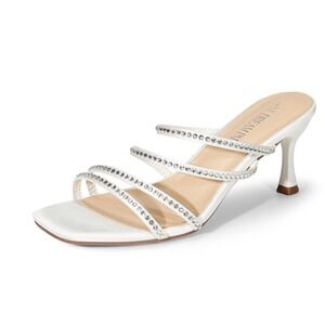 Dream Pairs White Satin Rhinestone Strap Kitten Heel Mules Square Toe Sandals